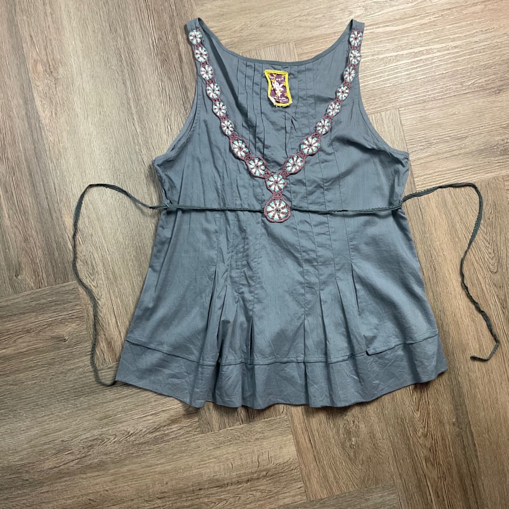 Vintage Free People Top Womens 2 Gray Blue Cotton Crochet Floral Y2K Boho Indie